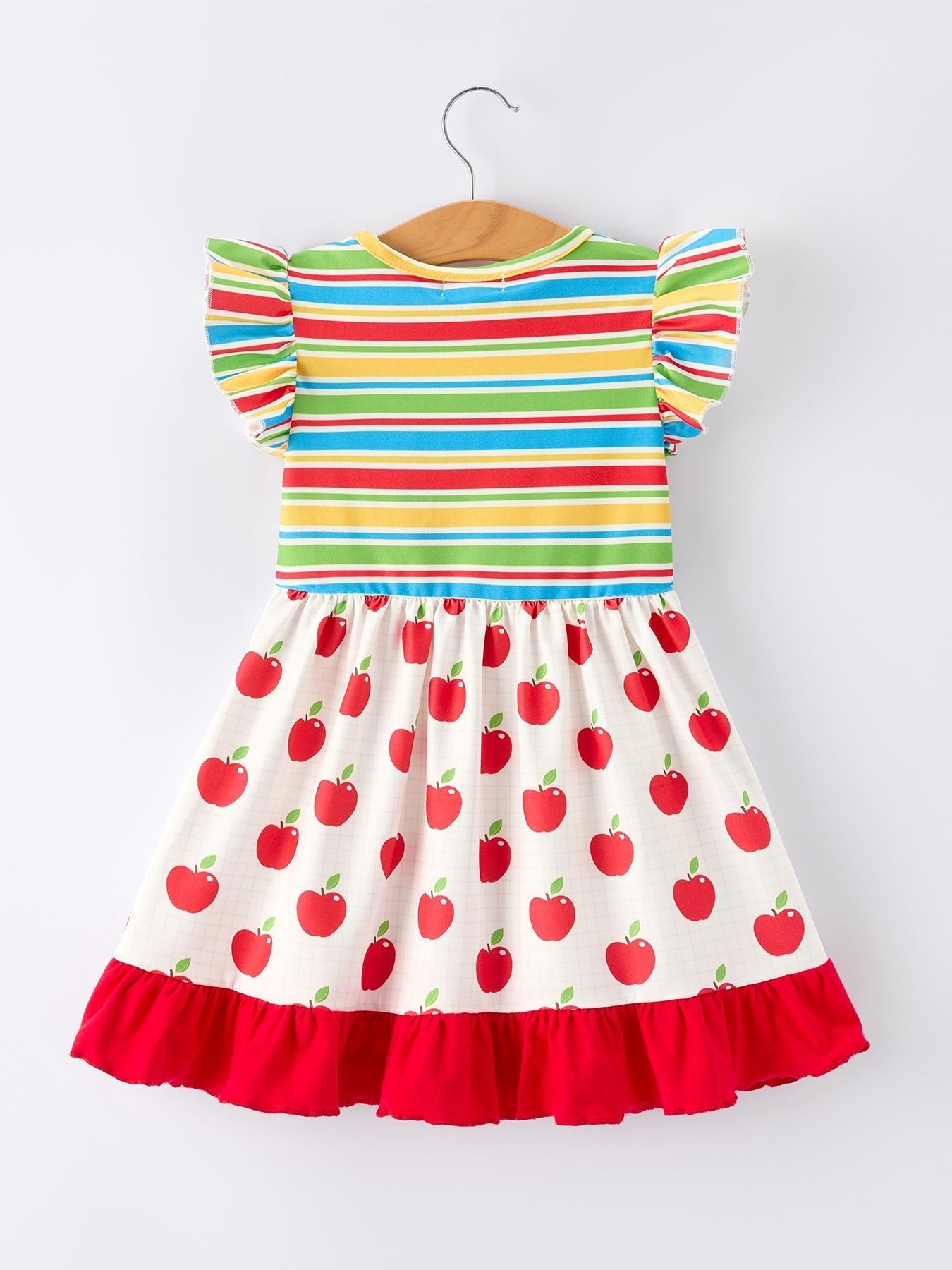 Back to School Apple Stripe Girls Ruffle Dress - Abbies Place