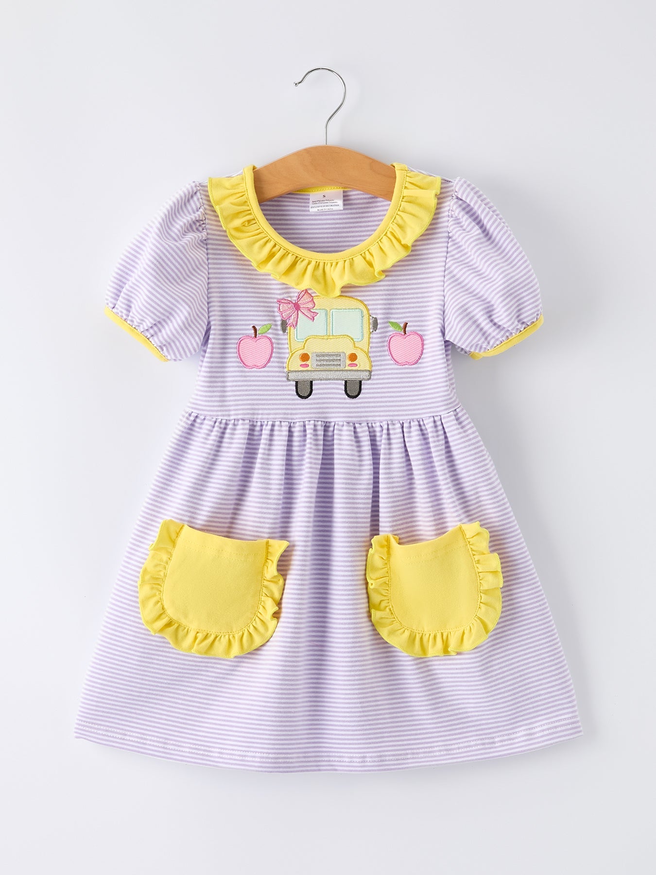 Back to School Bus Applique Ruffle Pocket Girls Dress - Abbies Place