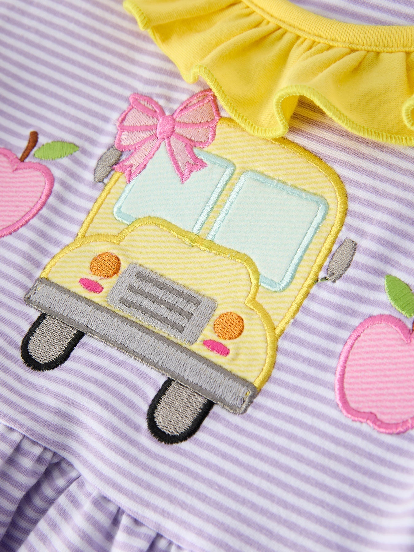 Back to School Bus Applique Ruffle Pocket Girls Dress - Abbies Place
