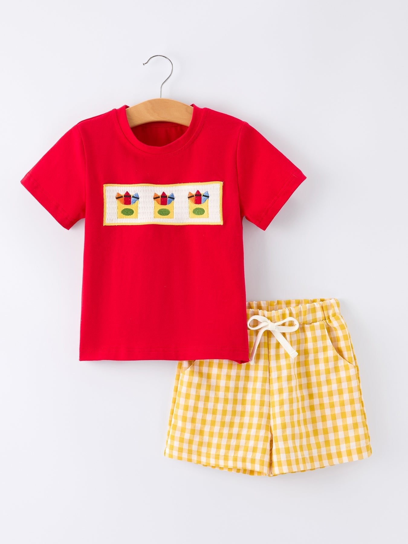 Back to School Crayon Smocked Boys Plaid Shorts Set - Abbies Place