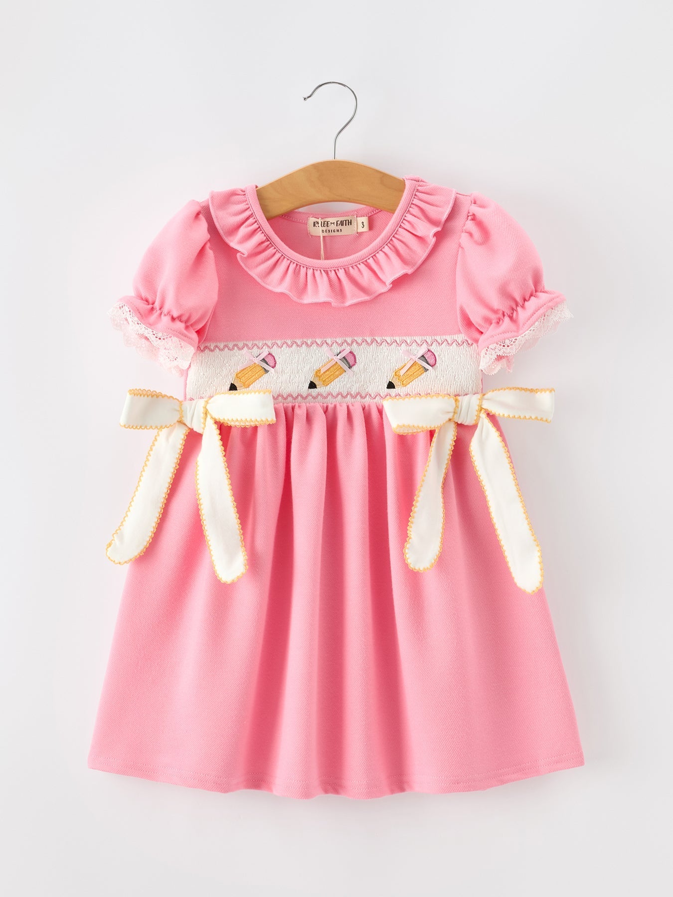 Back To School Embroidery Girls Dress Bow Ruffle Puff Sleeve - Abbies Place