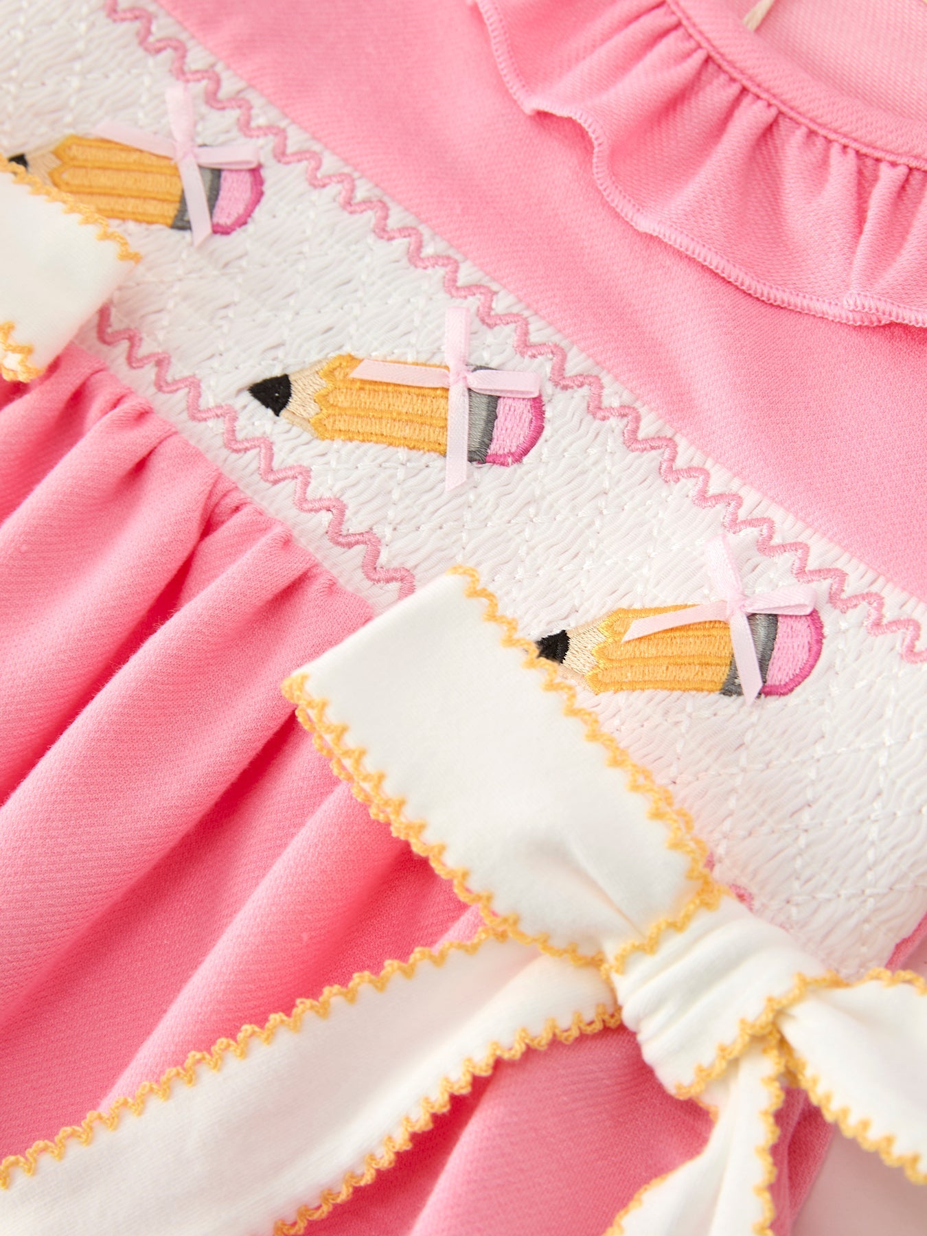 Back To School Embroidery Girls Dress Bow Ruffle Puff Sleeve - Abbies Place