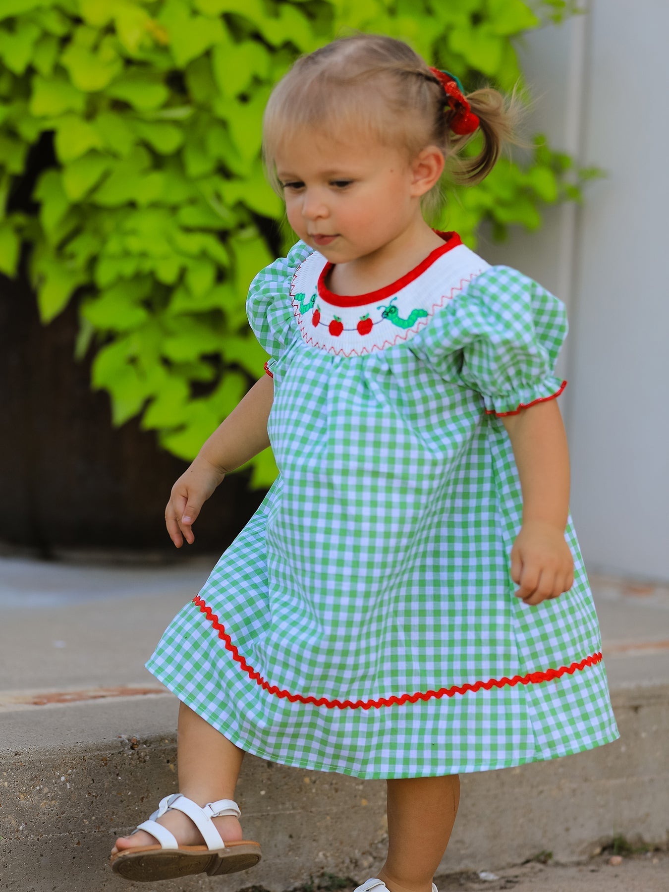 Back To School Girls Green Plaid Smocking Dress - Abbies Place