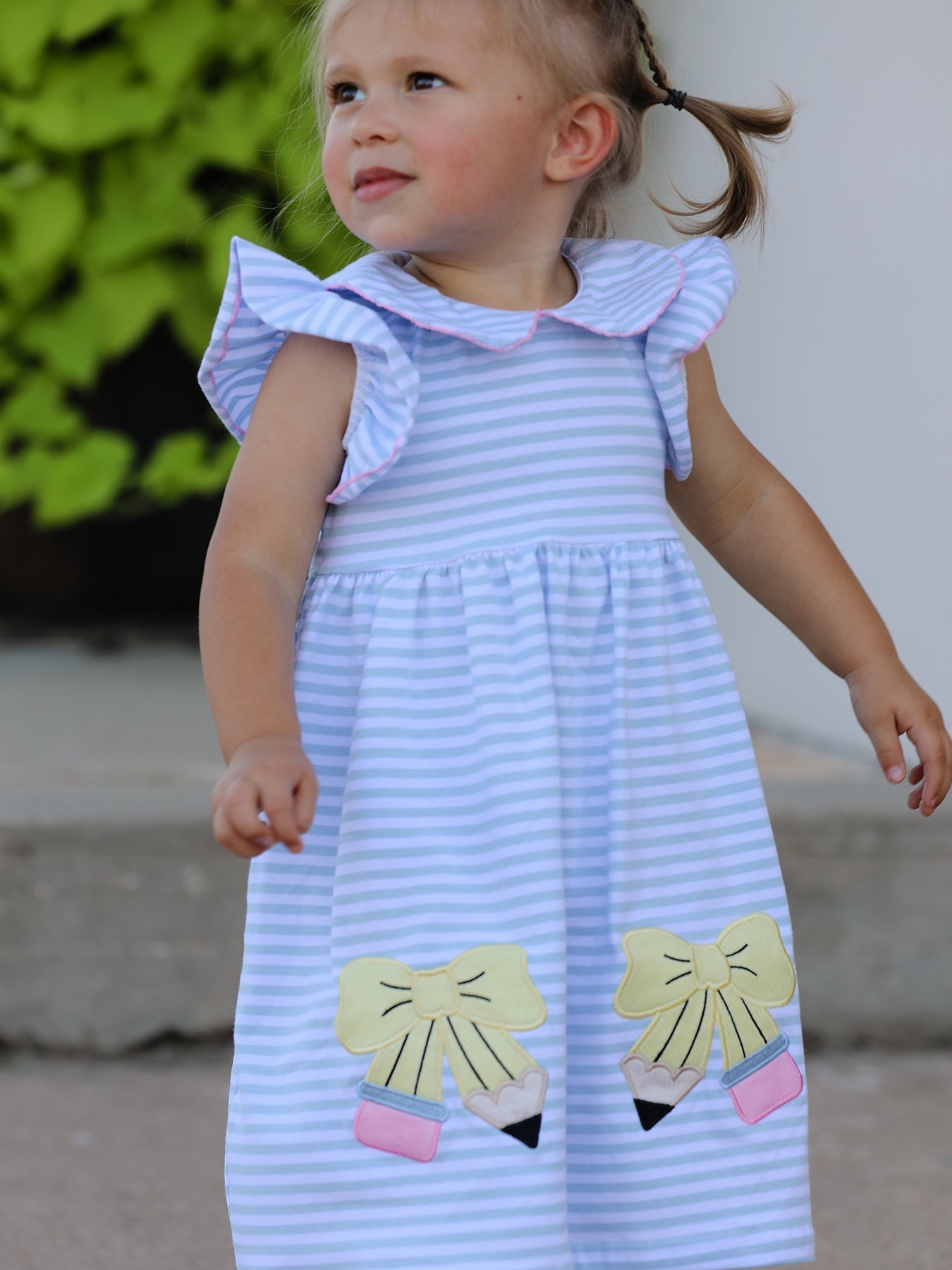 Back To School Girls Stripe Pencil Applique Bow Dress - Abbies Place