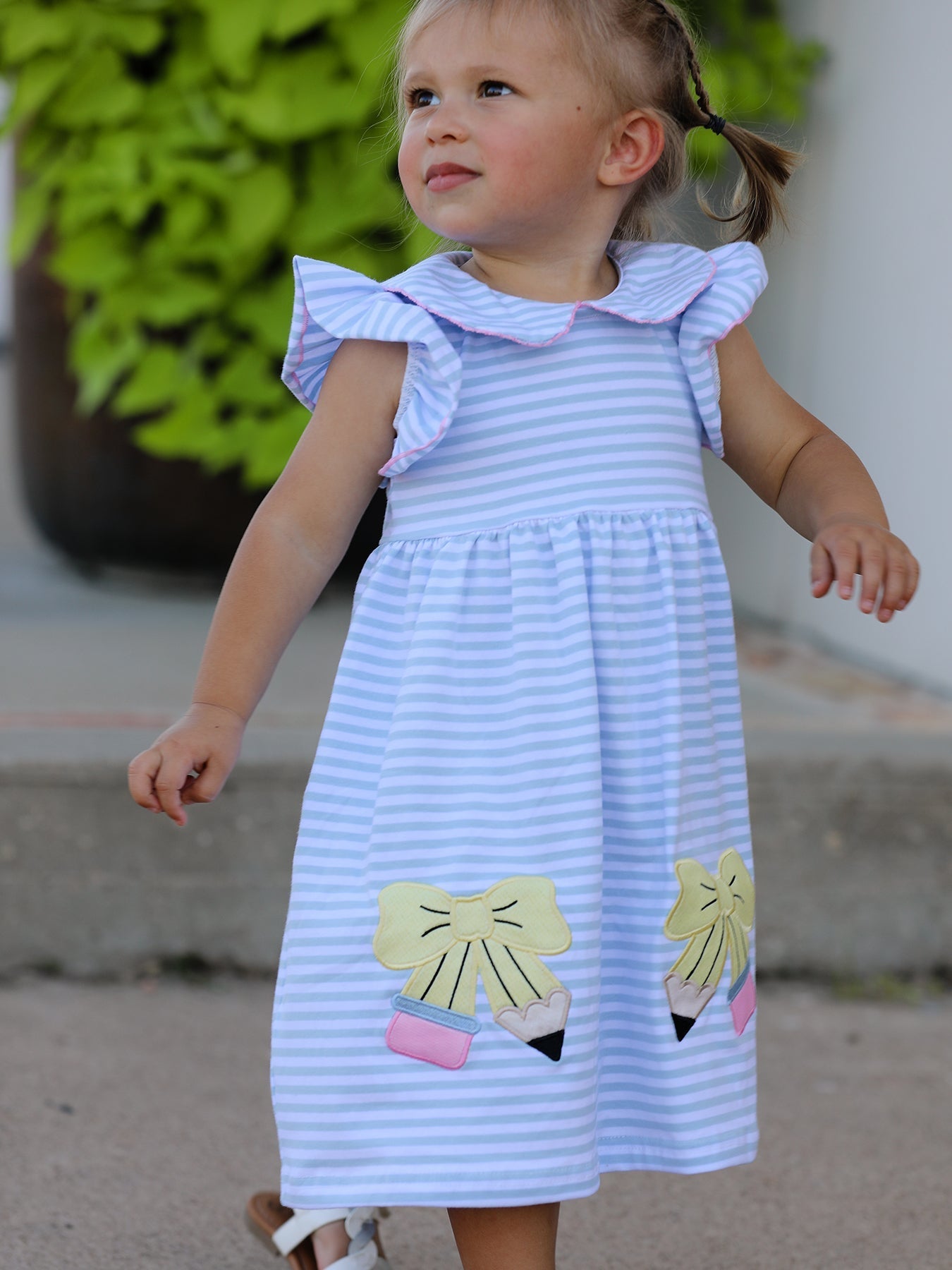 Back To School Girls Stripe Pencil Applique Bow Dress - Abbies Place