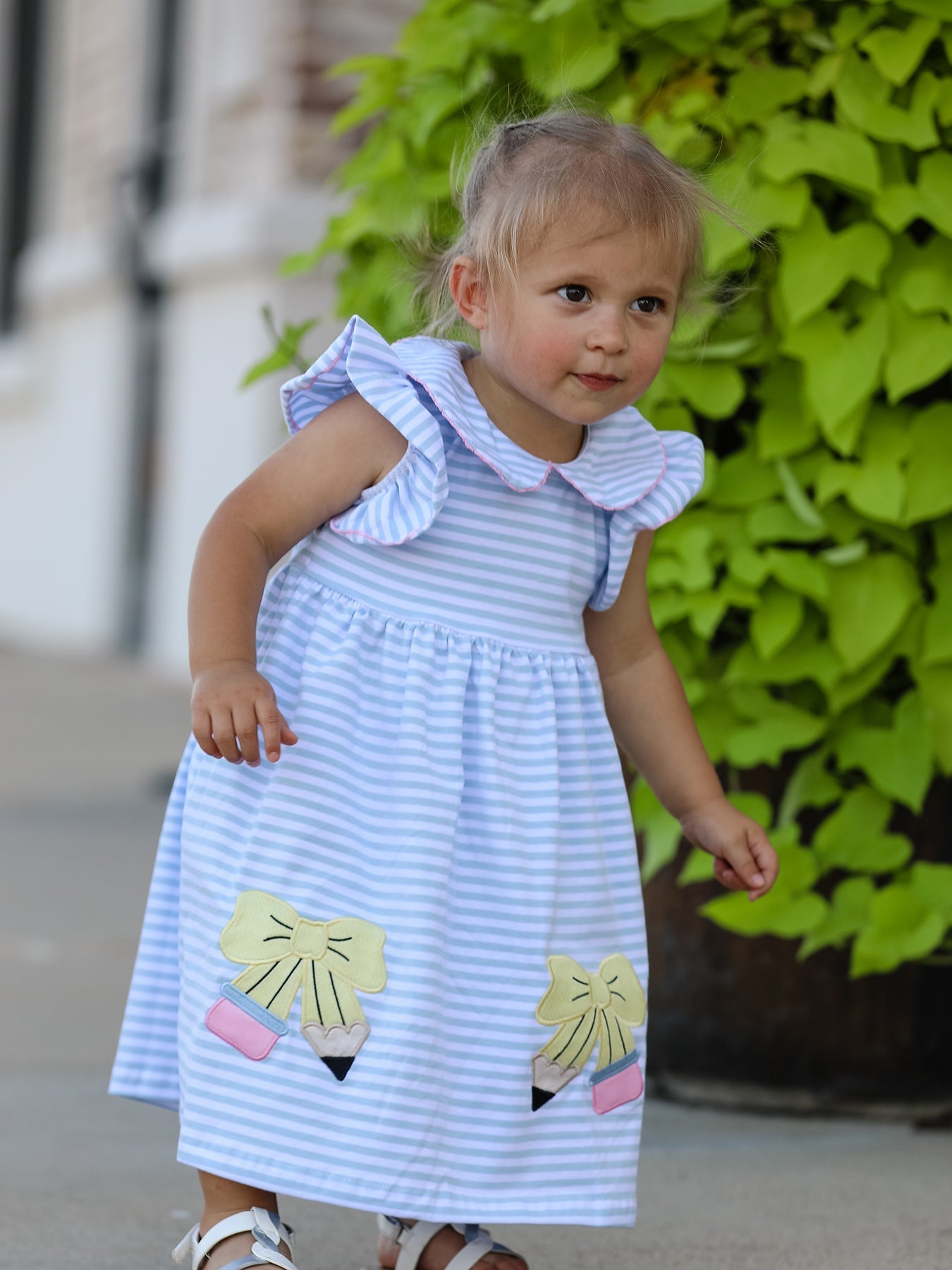 Back To School Girls Stripe Pencil Applique Bow Dress - Abbies Place