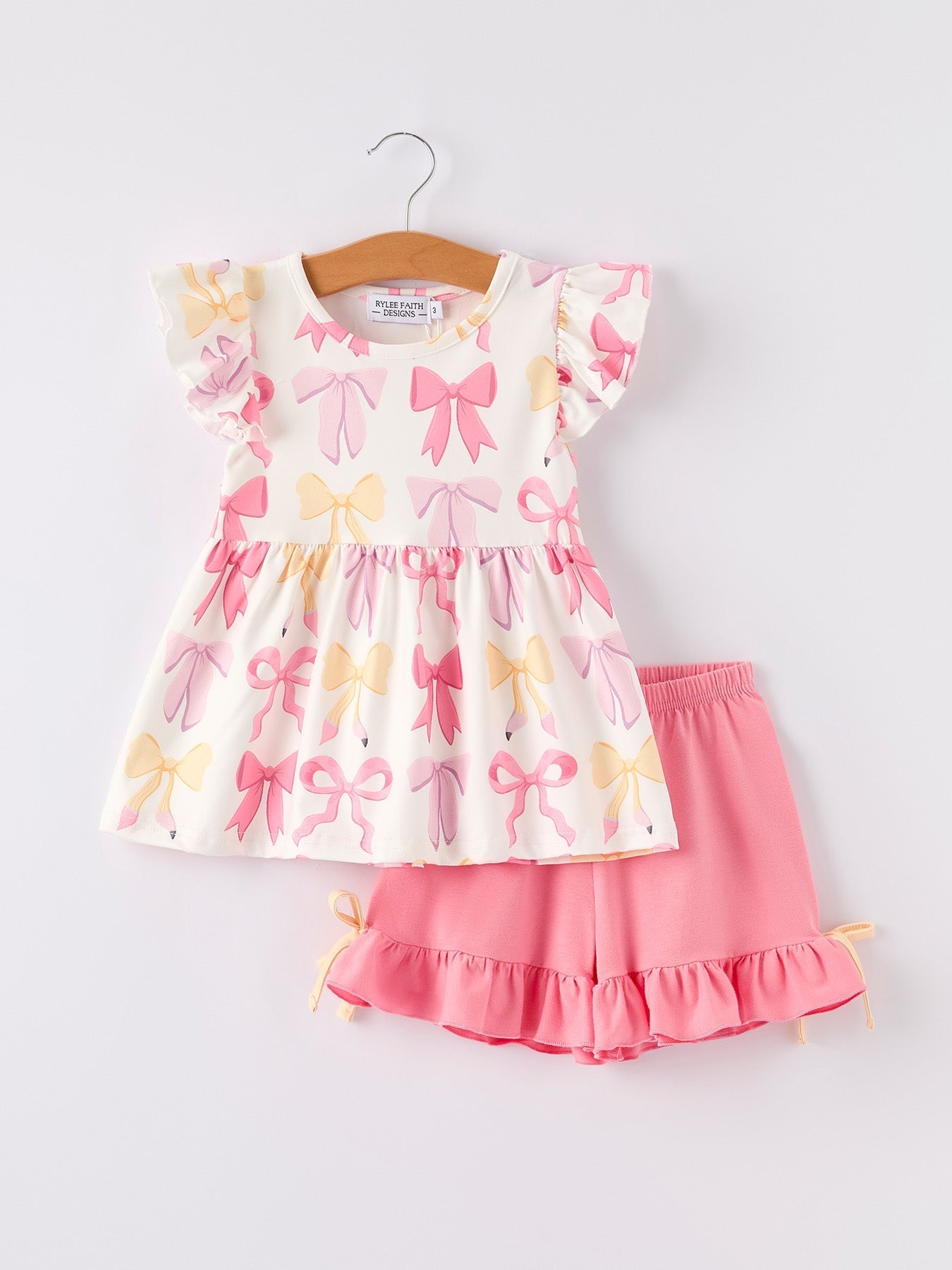 BACK TO SCHOOL Girl's Summer Bow Short Sleeve Shorts Set - Abbies Place