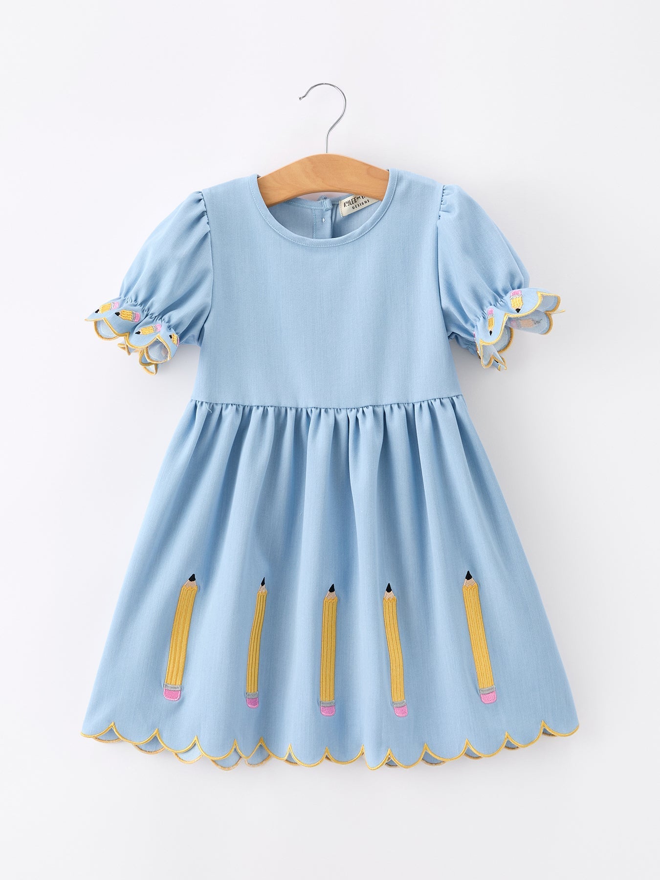 Back to School Pencil Applique Girl Dress Scallop Hem - Abbies Place