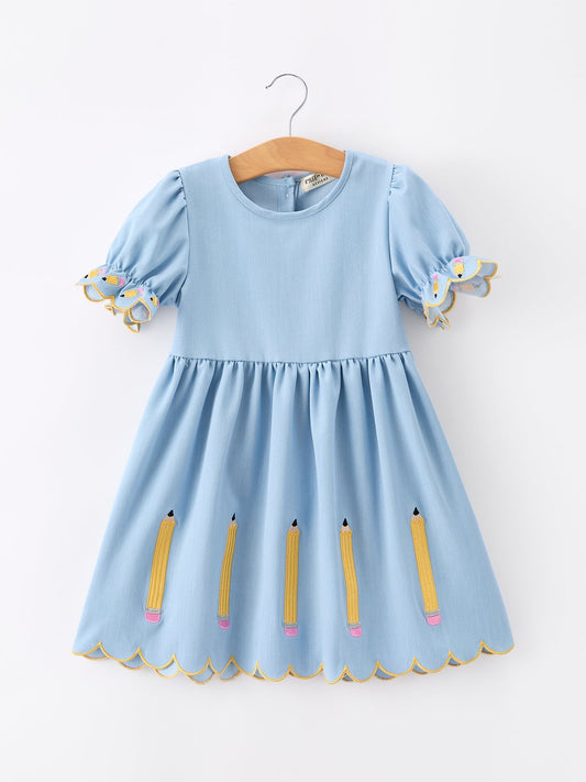 Back to School Pencil Applique Girl Dress Scallop Hem - Abbies Place