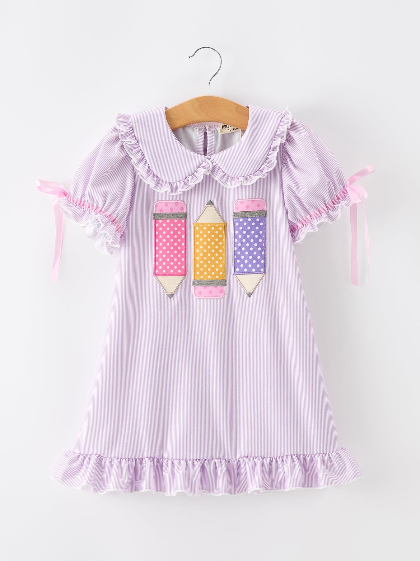 Back To School Pencil Applique Girls Purple Dress Petals Collar Ruffle - Abbies Place