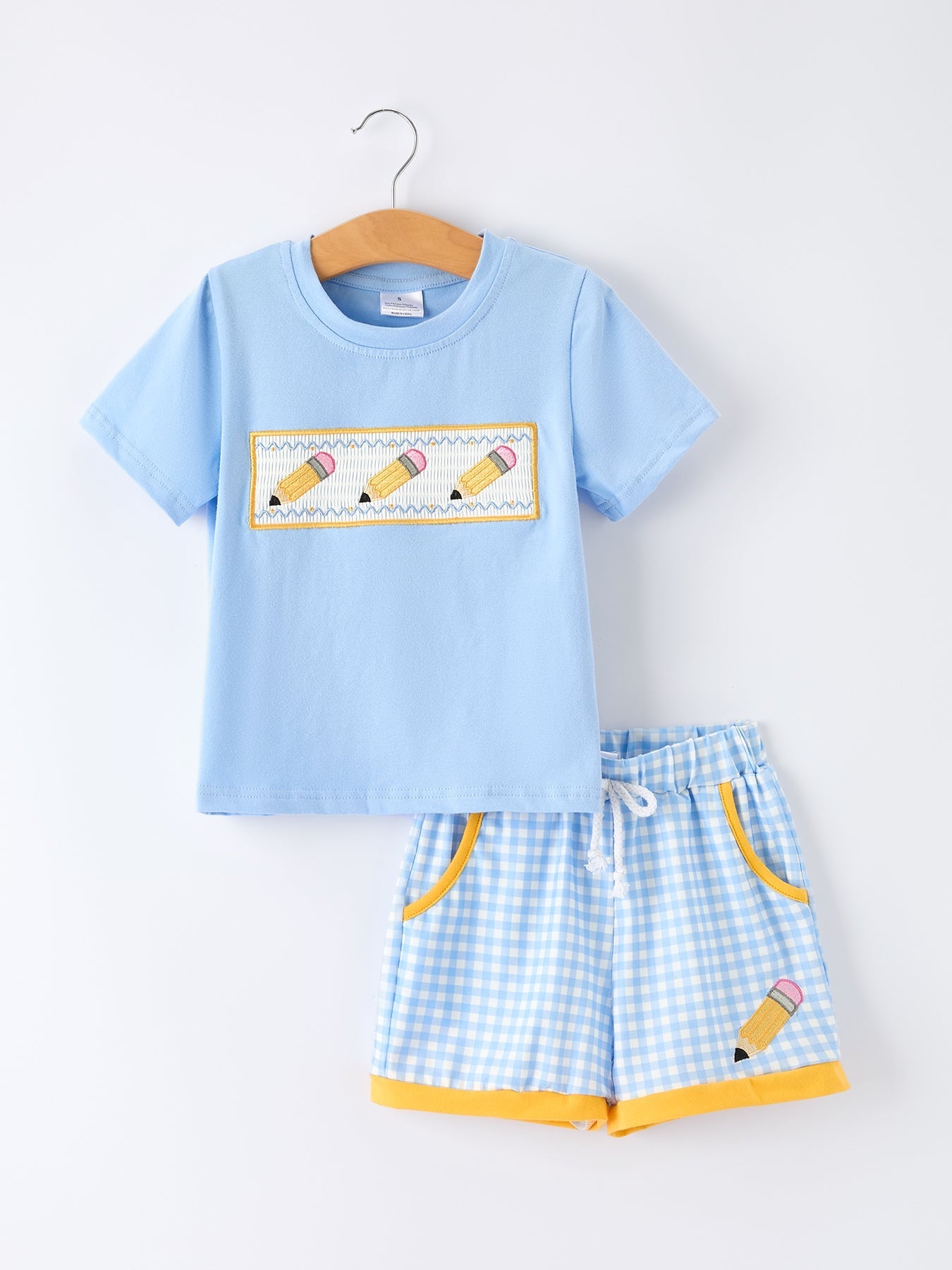 Back to School Pencil Boys Set Applique Plaid Shorts - Abbies Place
