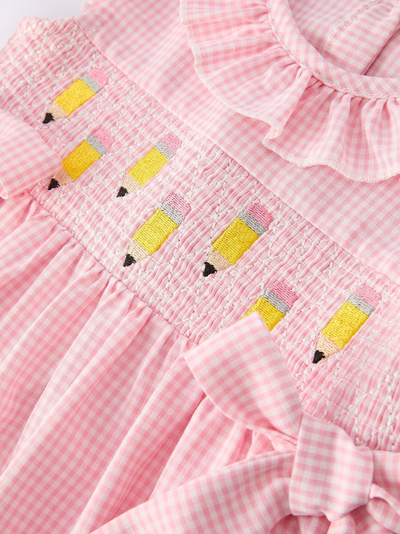 Back to School Pencil Plaid Girls Smocked Ruffle Collar Dress - Abbies Place