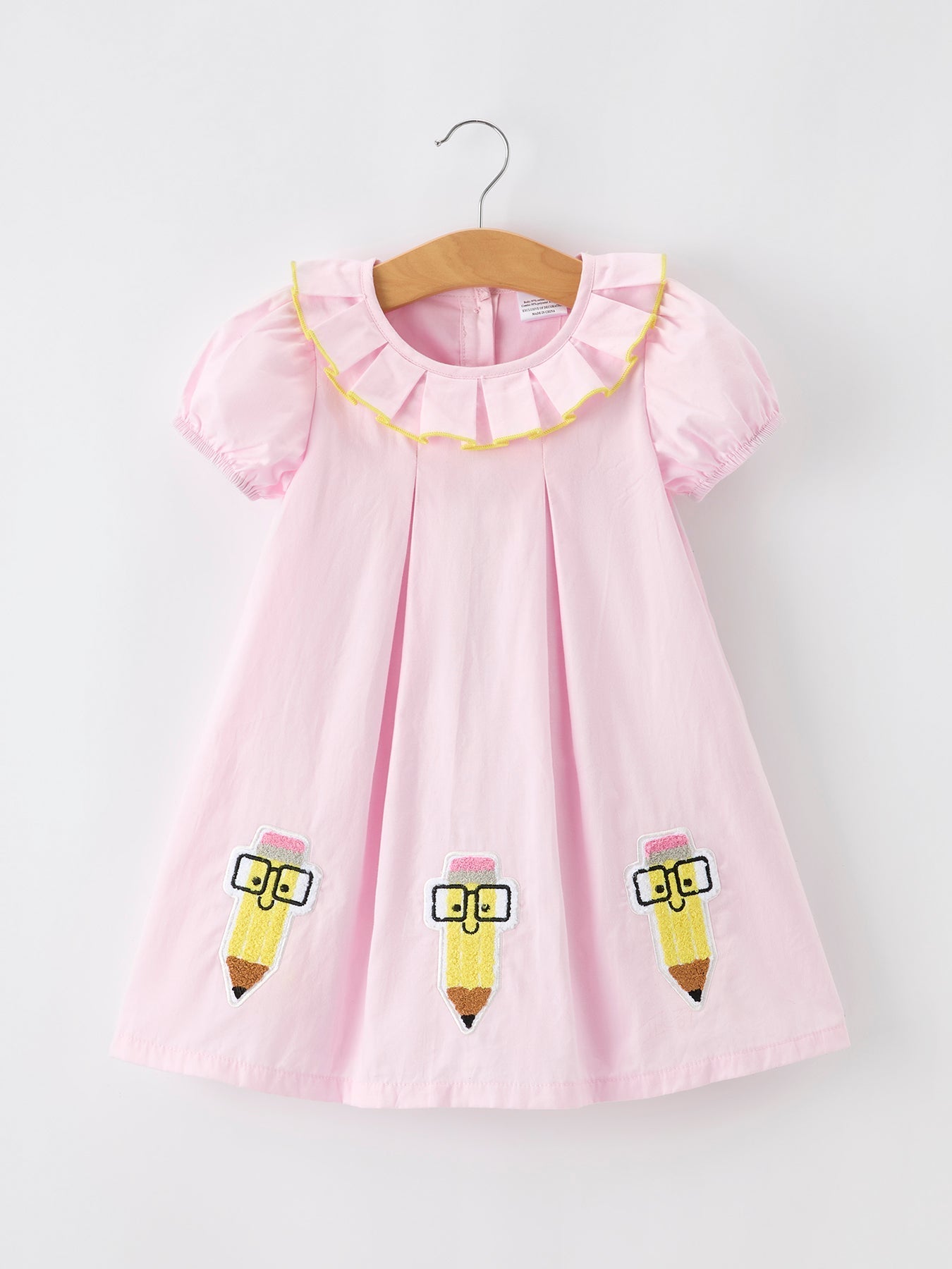 Back to School Pink Pencil Applique Ruffle Collar Girls Dress - Abbies Place