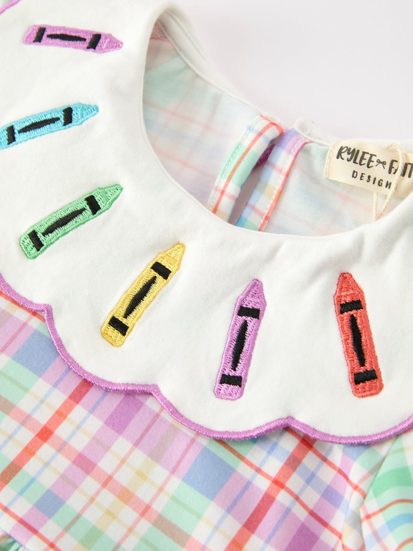 Back To School Plaid Crayon Embroidery Girls Dress Bow Puff Sleeve - Abbies Place