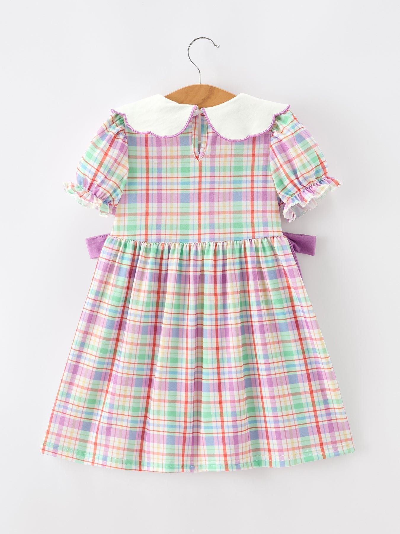 Back To School Plaid Crayon Embroidery Girls Dress Bow Puff Sleeve - Abbies Place