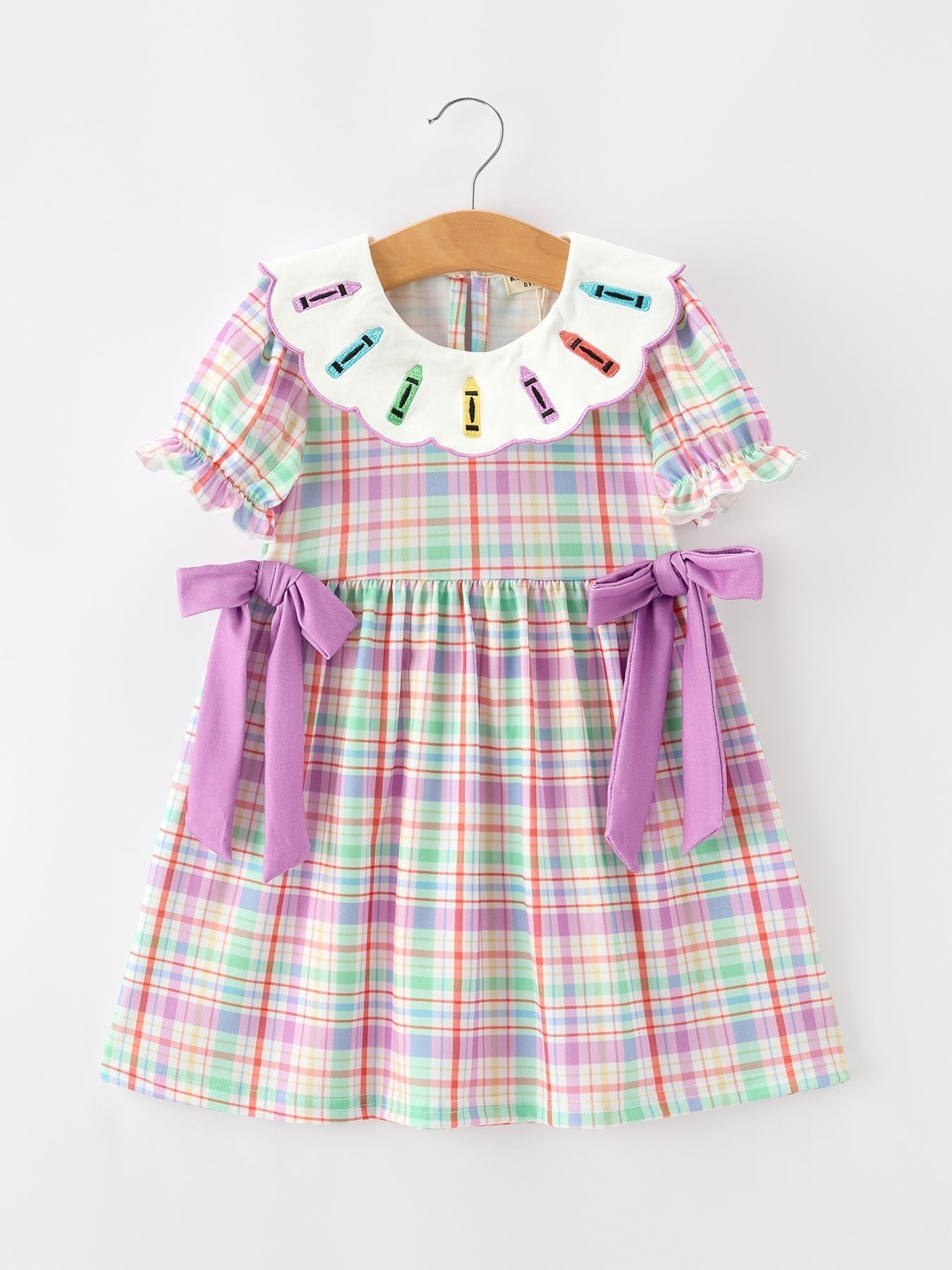 Back To School Plaid Crayon Embroidery Girls Dress Bow Puff Sleeve - Abbies Place