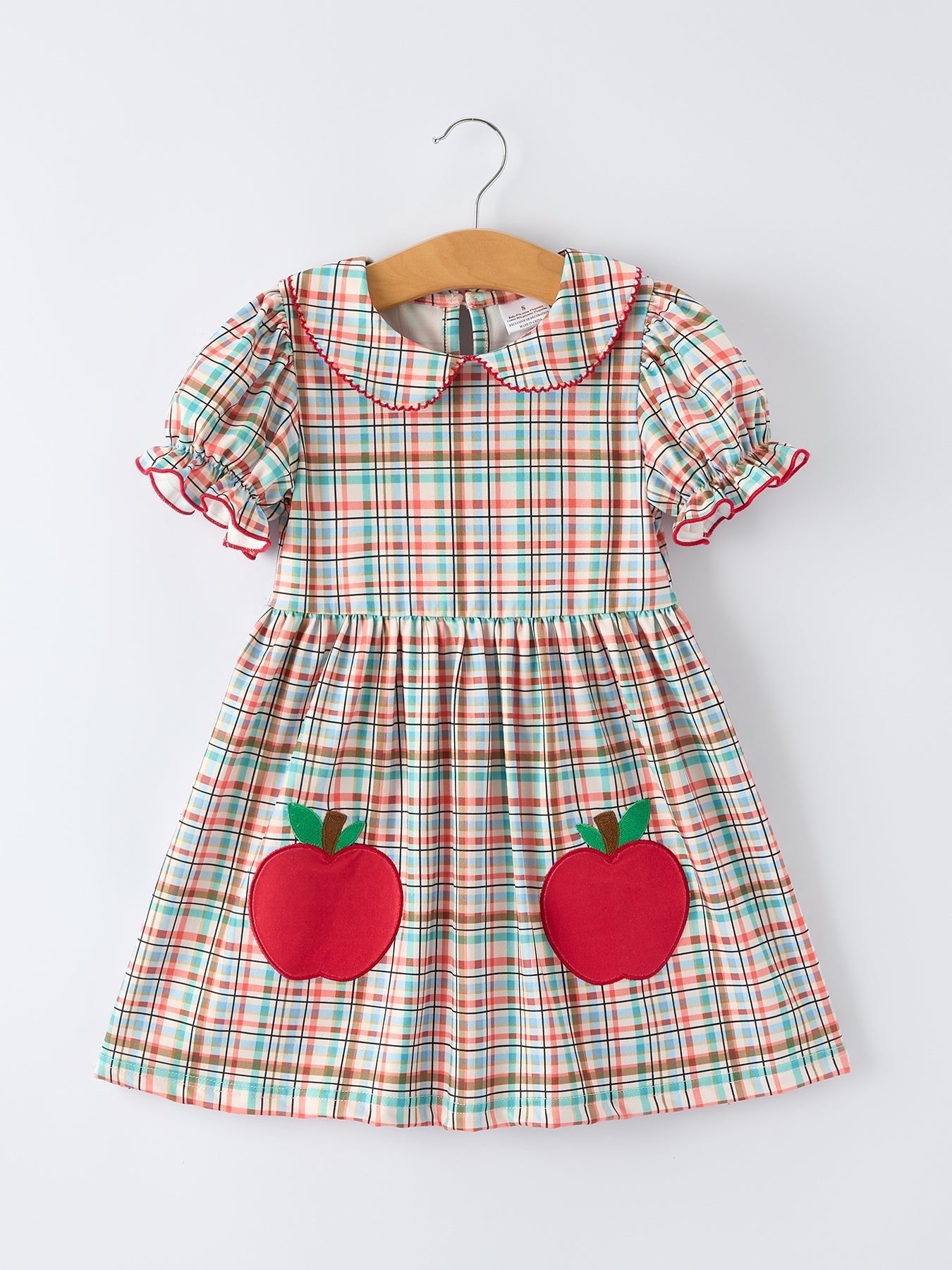Back to School Plaid Girls Dress Apple Applique Peter Pan Collar - Abbies Place