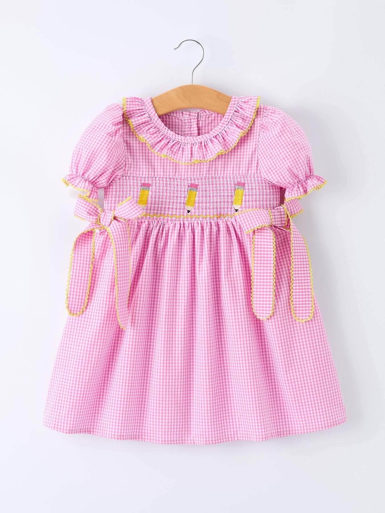 Back To School Plaid Girls Dress Smocked Puff Sleeve Bow - Abbies Place