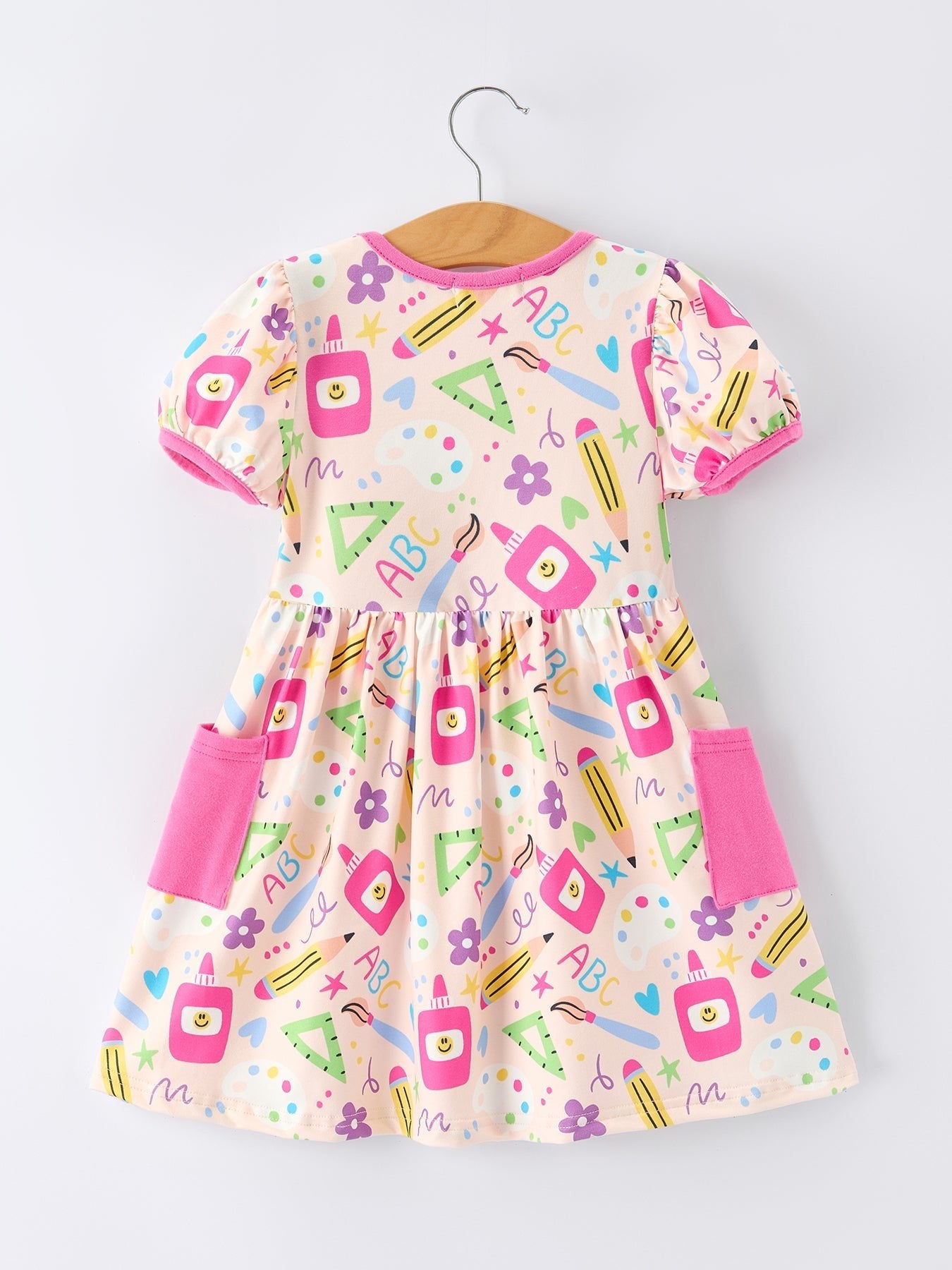 Back to School Print Girls Dress Short Sleeve Pocket - Abbies Place