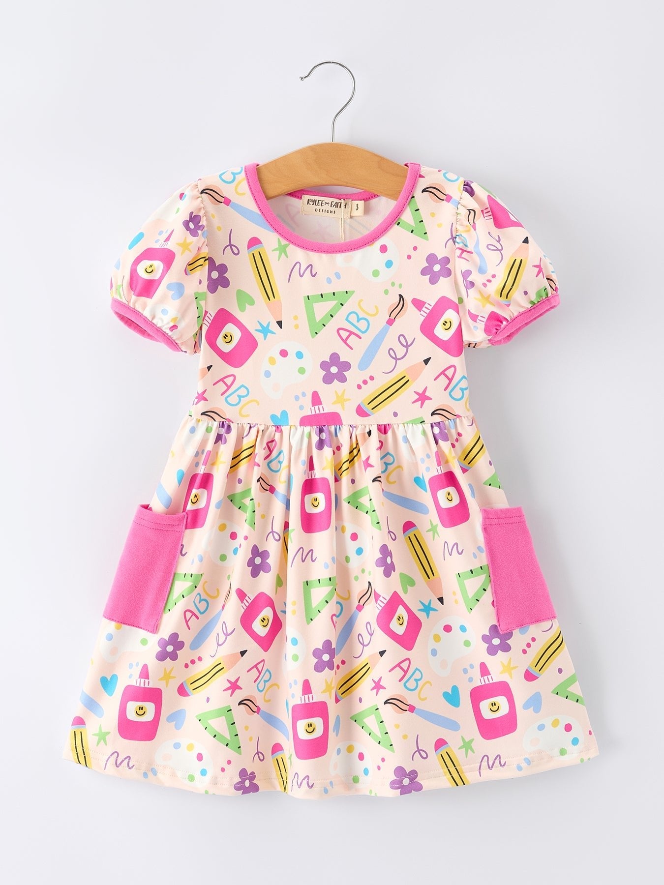 Back to School Print Girls Dress Short Sleeve Pocket - Abbies Place