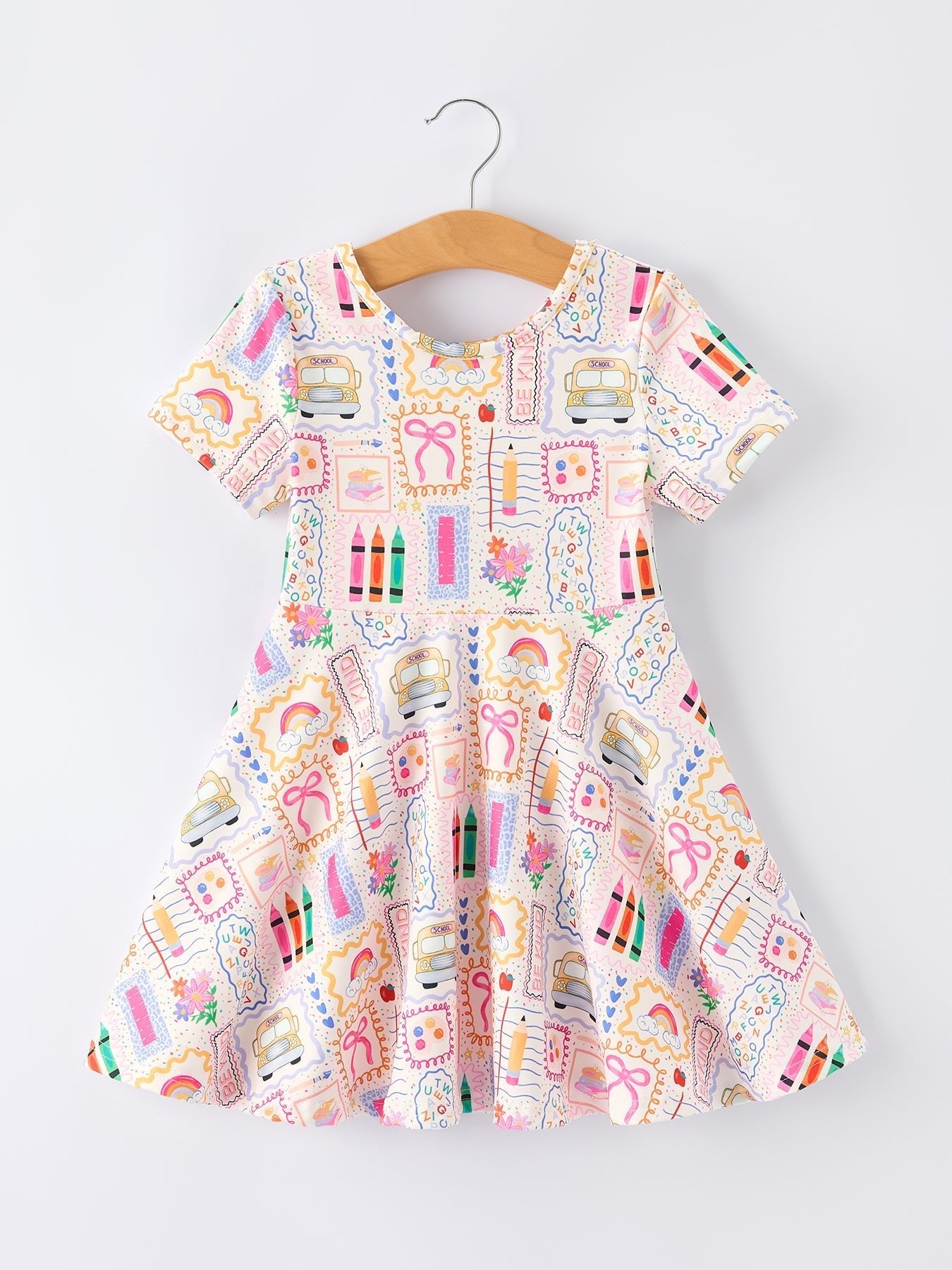 Back to School Rainbow Print Girls Dress Short Sleeve - Abbies Place