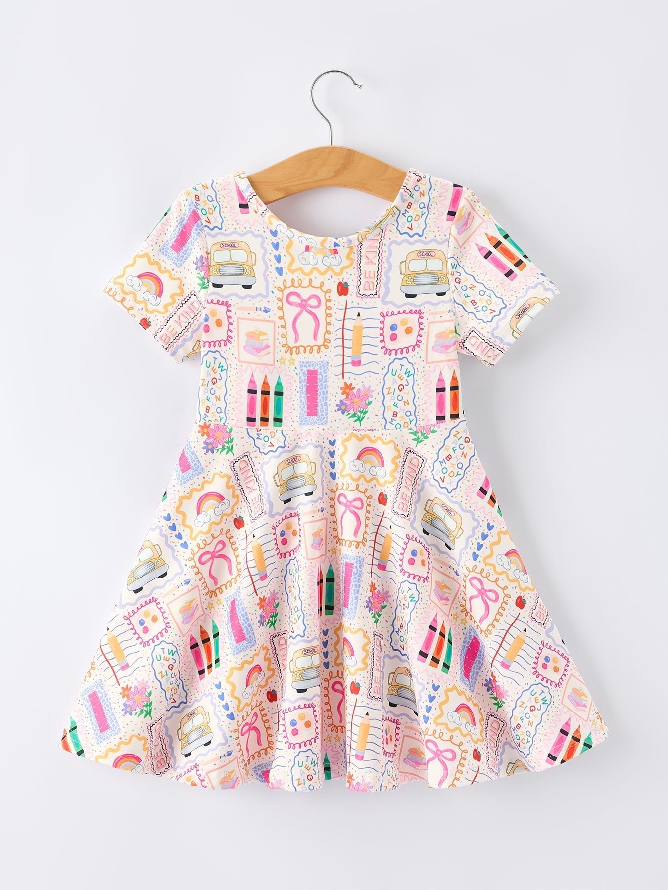 Back to School Rainbow Print Girls Dress Short Sleeve - Abbies Place