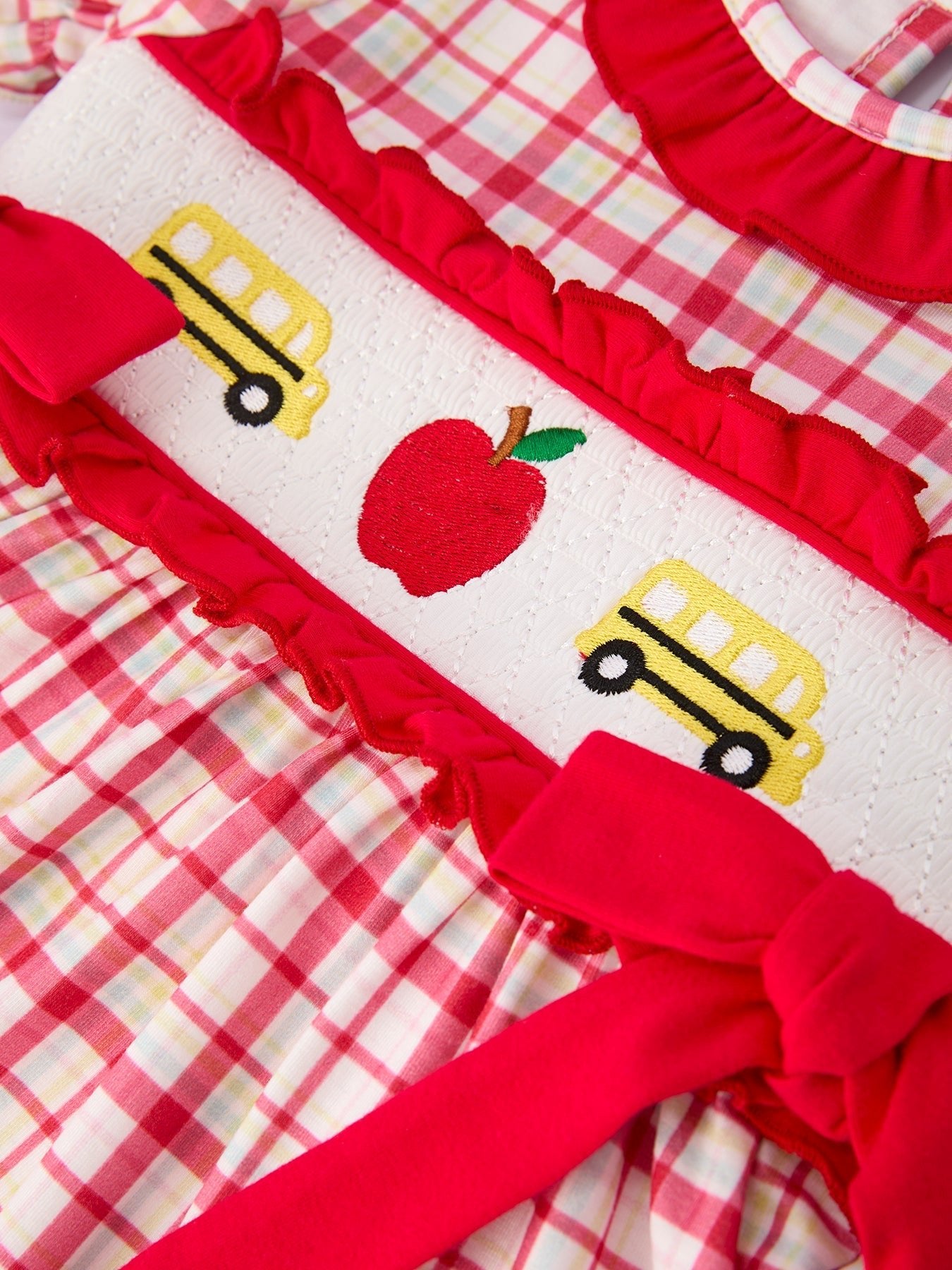 Back To School School Bus Embroidery Plaid Girls Set Ruffle Bow - Abbies Place