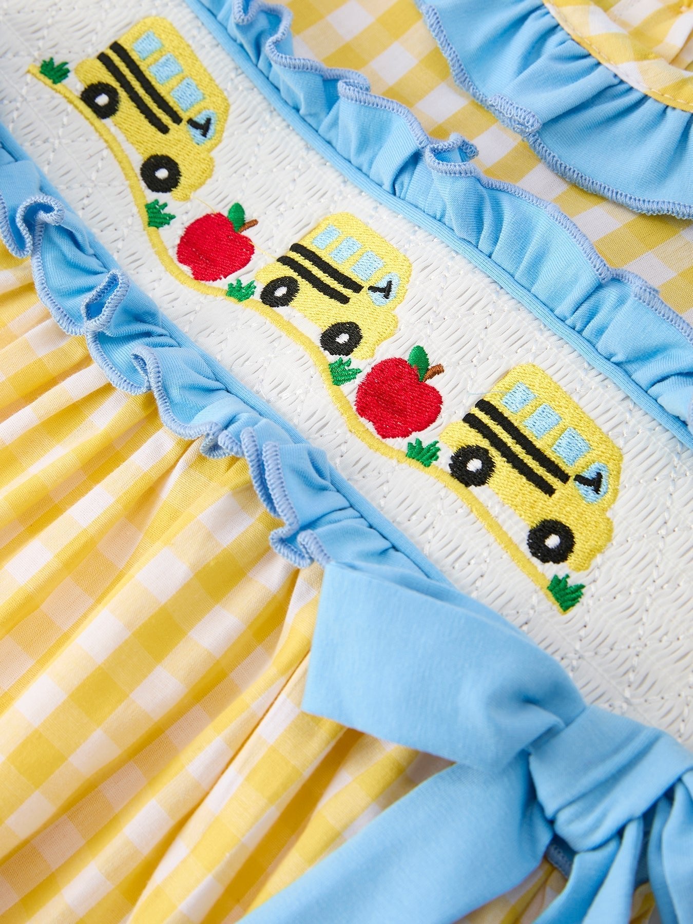 Back To School School Bus Plaid Girls Dress Ruffle Collar Bow - Abbies Place