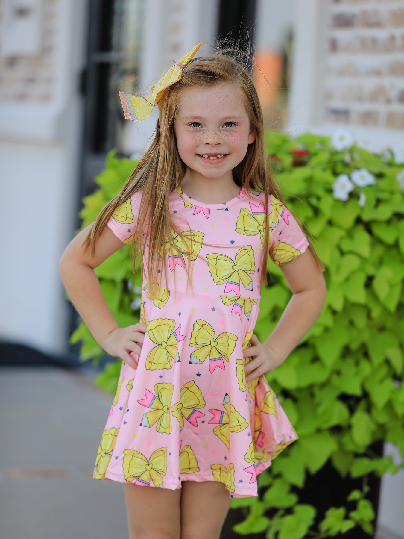 Back to School Yellow Bow Print Girls Dress - Abbies Place