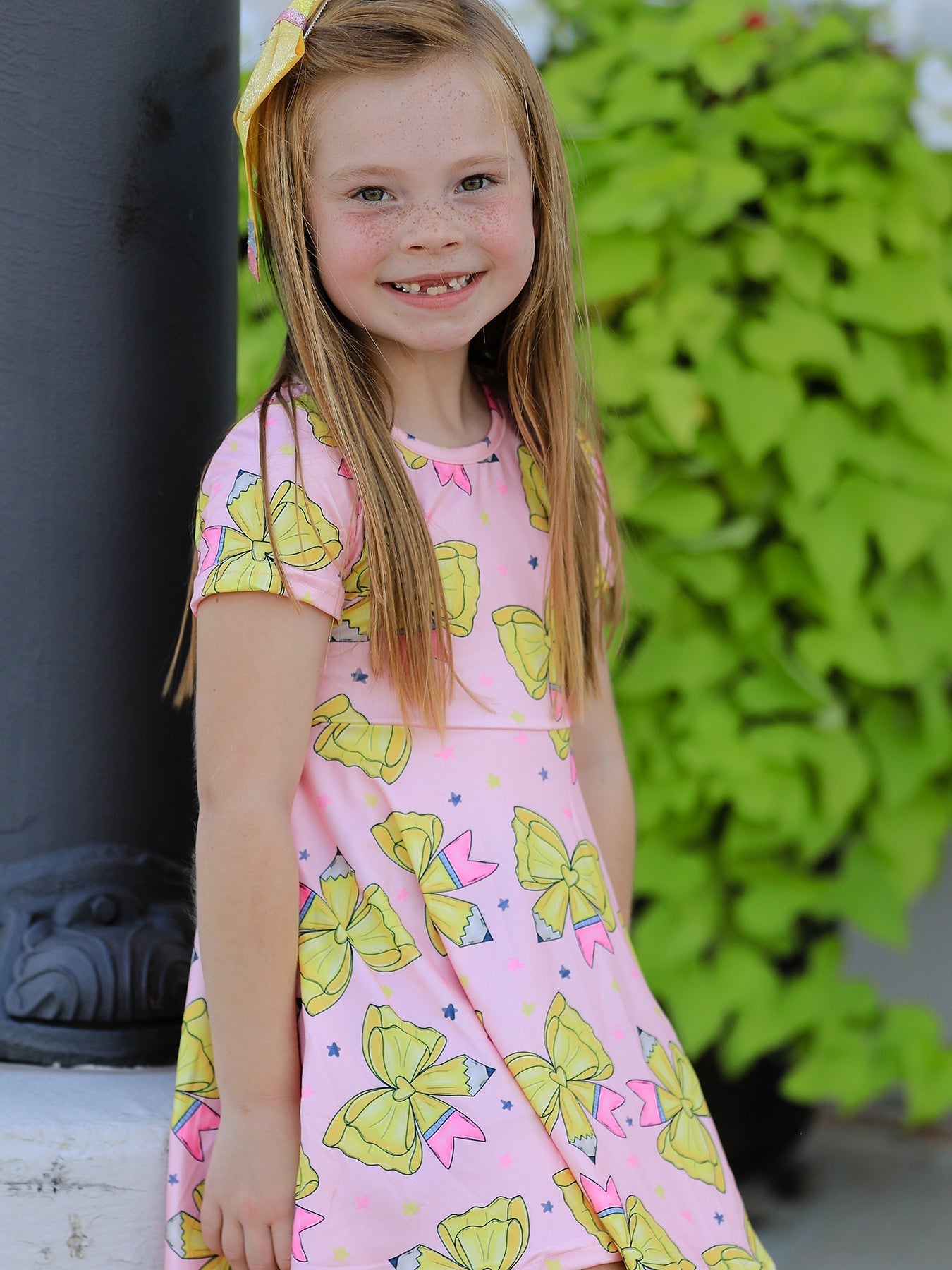 Back to School Yellow Bow Print Girls Dress - Abbies Place
