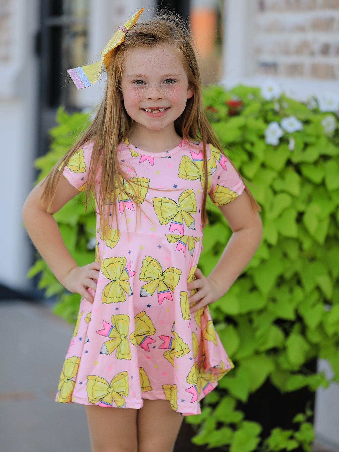 Back to School Yellow Bow Print Girls Dress - Abbies Place