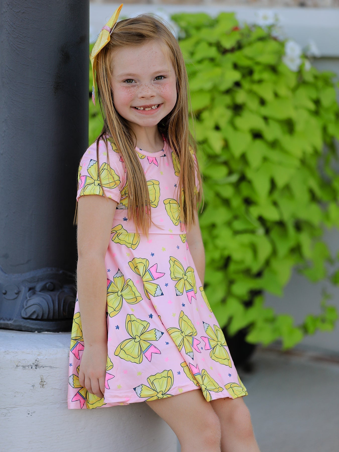 Back to School Yellow Bow Print Girls Dress - Abbies Place