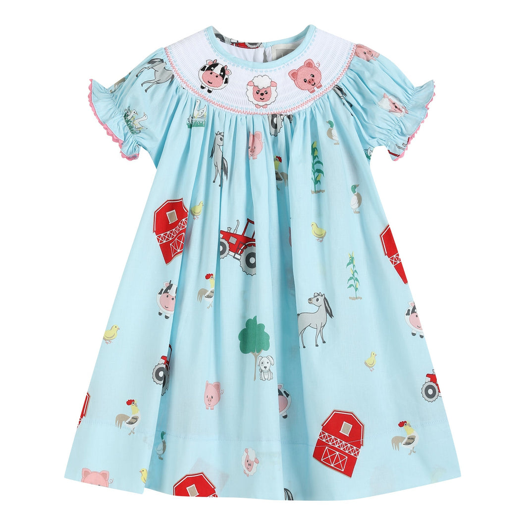Barnyard Print Farm Animal Smocked Bishop Dress