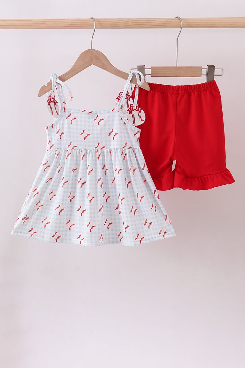 Baseball applique ruffle gingham shorts set - Abbies Place