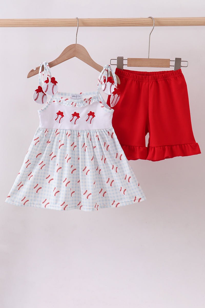 Baseball applique ruffle gingham shorts set - Abbies Place
