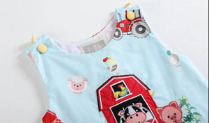 Light Blue Barnyard Print Applique Farm Animals Overalls - Image #3