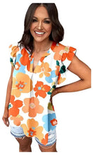 Load image into Gallery viewer, Women Floral Notched V Neck Ruffled Sleeve Blouse - Image #1
