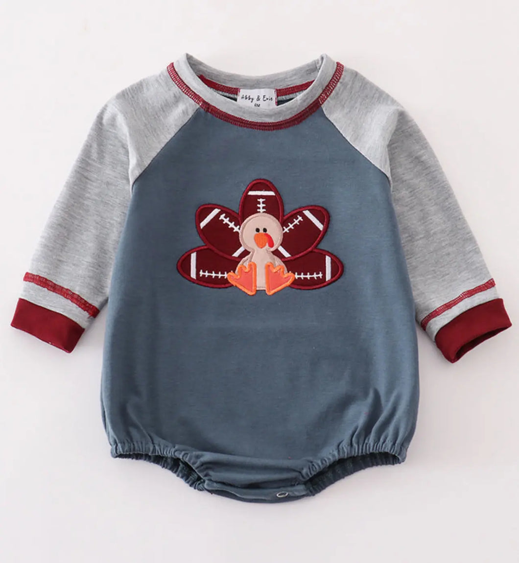 Blue turkey applique boy raglan bubble - Image #1