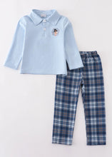 Load image into Gallery viewer, Blue thanksgiving turkey embroidery plaid boy set - Image #1
