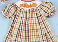 Load image into Gallery viewer, Pumpkin Smocked Plaid Thanksgiving Bishop Dress - Image #2
