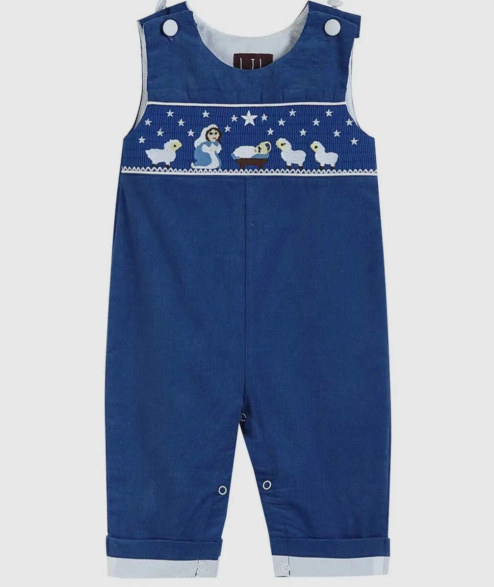 Preorder ETA 8/15-9/15-Royal Blue Corduroy Nativity Smocked Overalls - Image #1