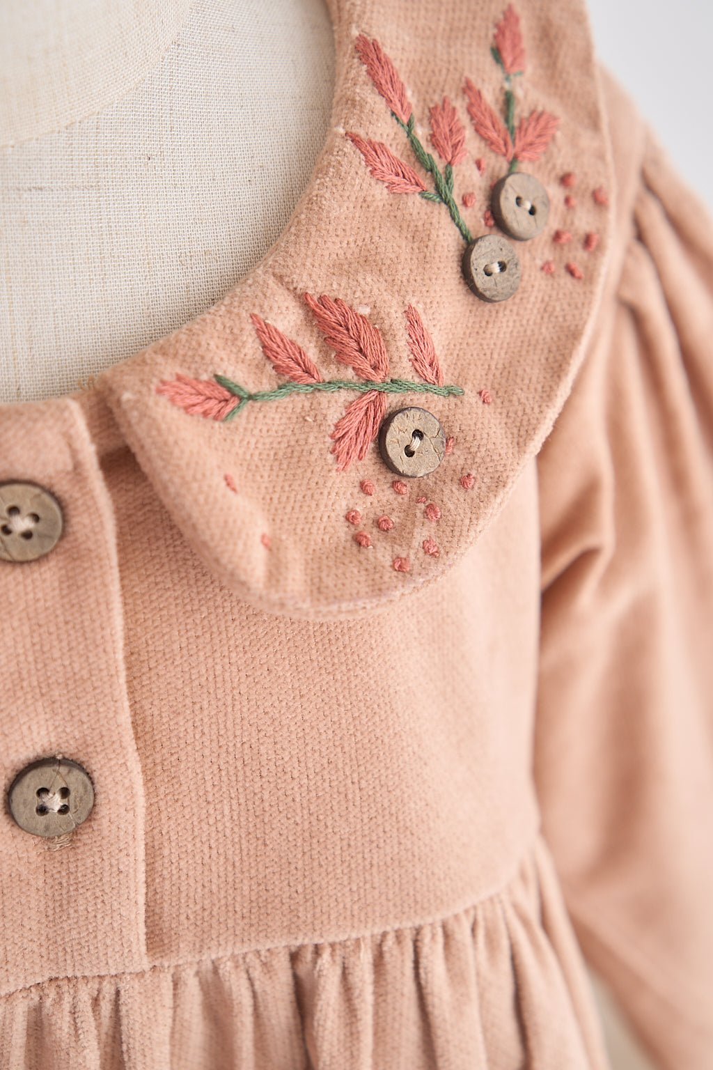 Beige floral embroidery velveteen girl dress - Abbies Place