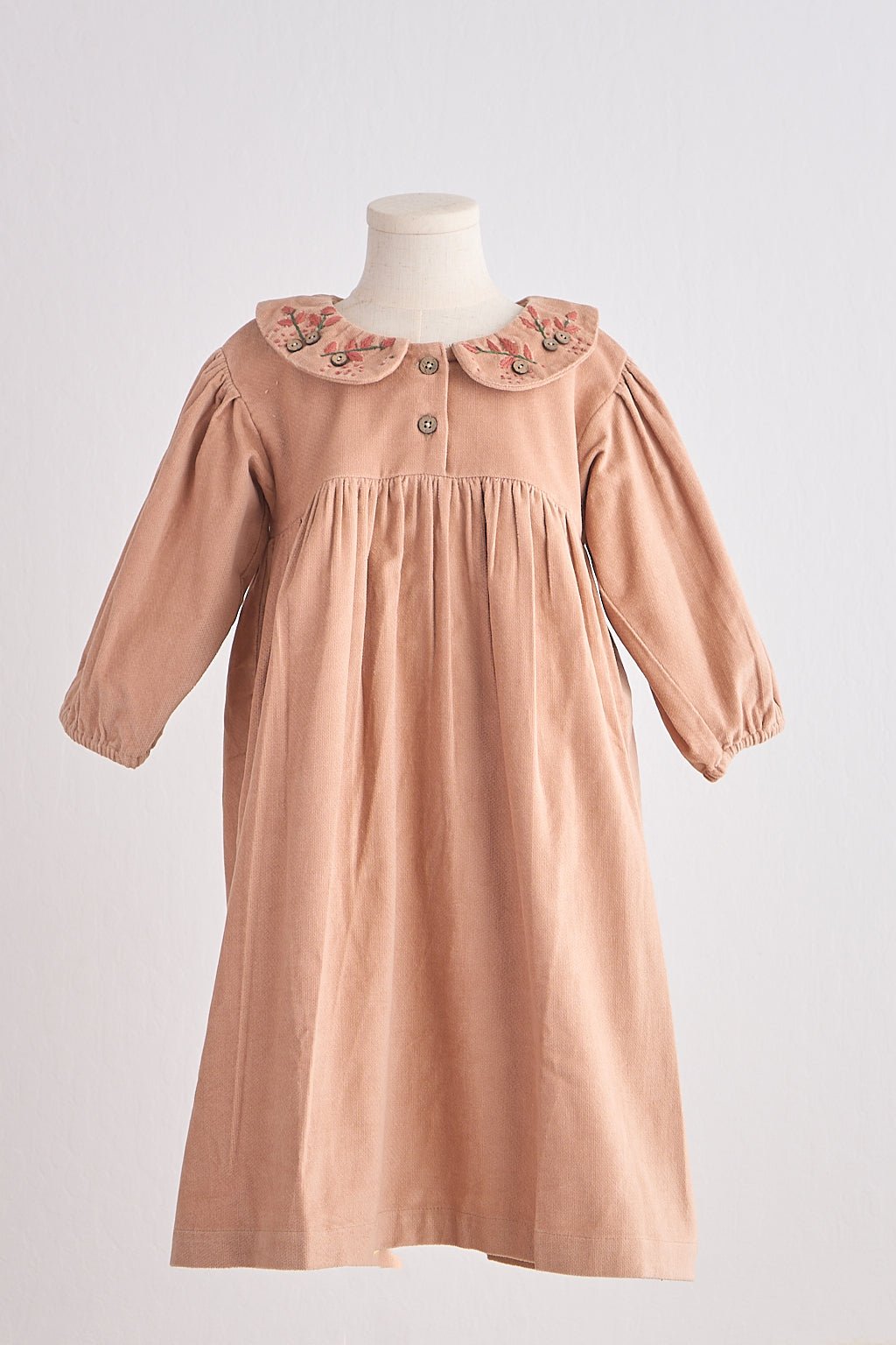 Beige floral embroidery velveteen girl dress - Abbies Place