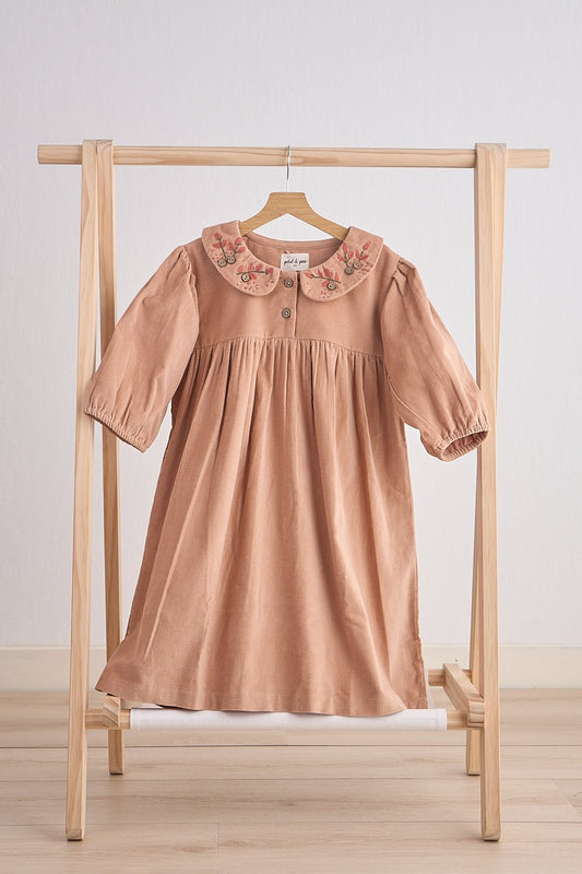 Beige floral embroidery velveteen girl dress - Abbies Place