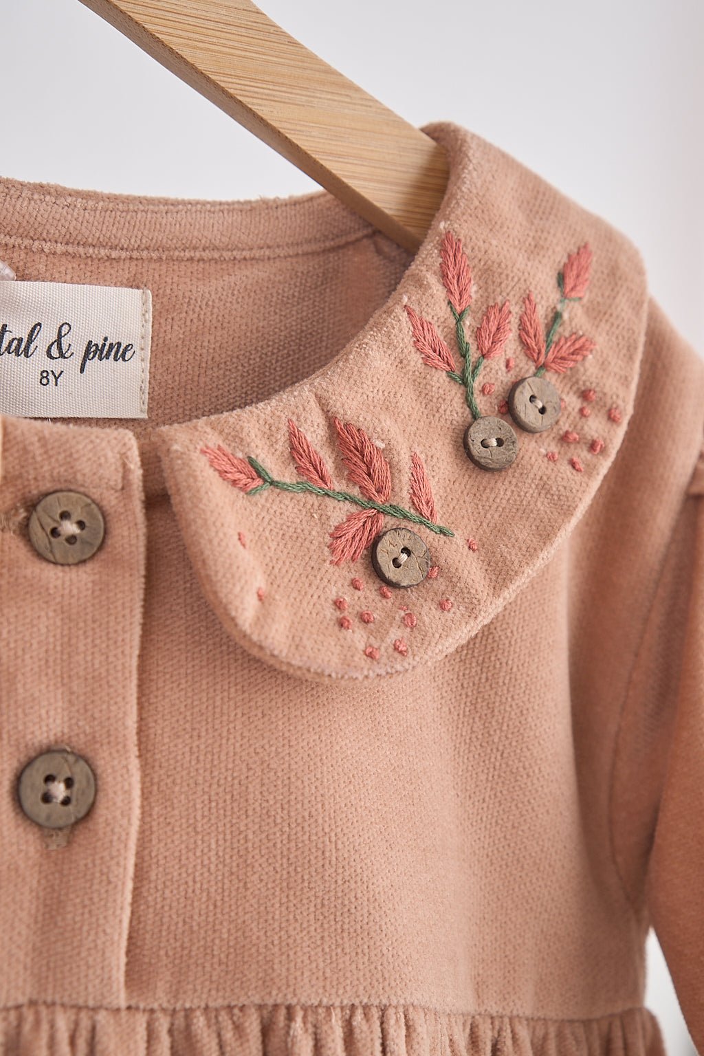 Beige floral embroidery velveteen girl dress - Abbies Place