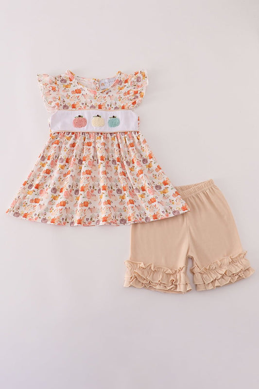 Beige french knot ruffle shorts set - Abbies Place