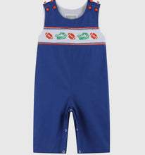 Load image into Gallery viewer, Preorder ETA 7/15-8/15-Blue and Orange Football Smocked Overalls - Image #1
