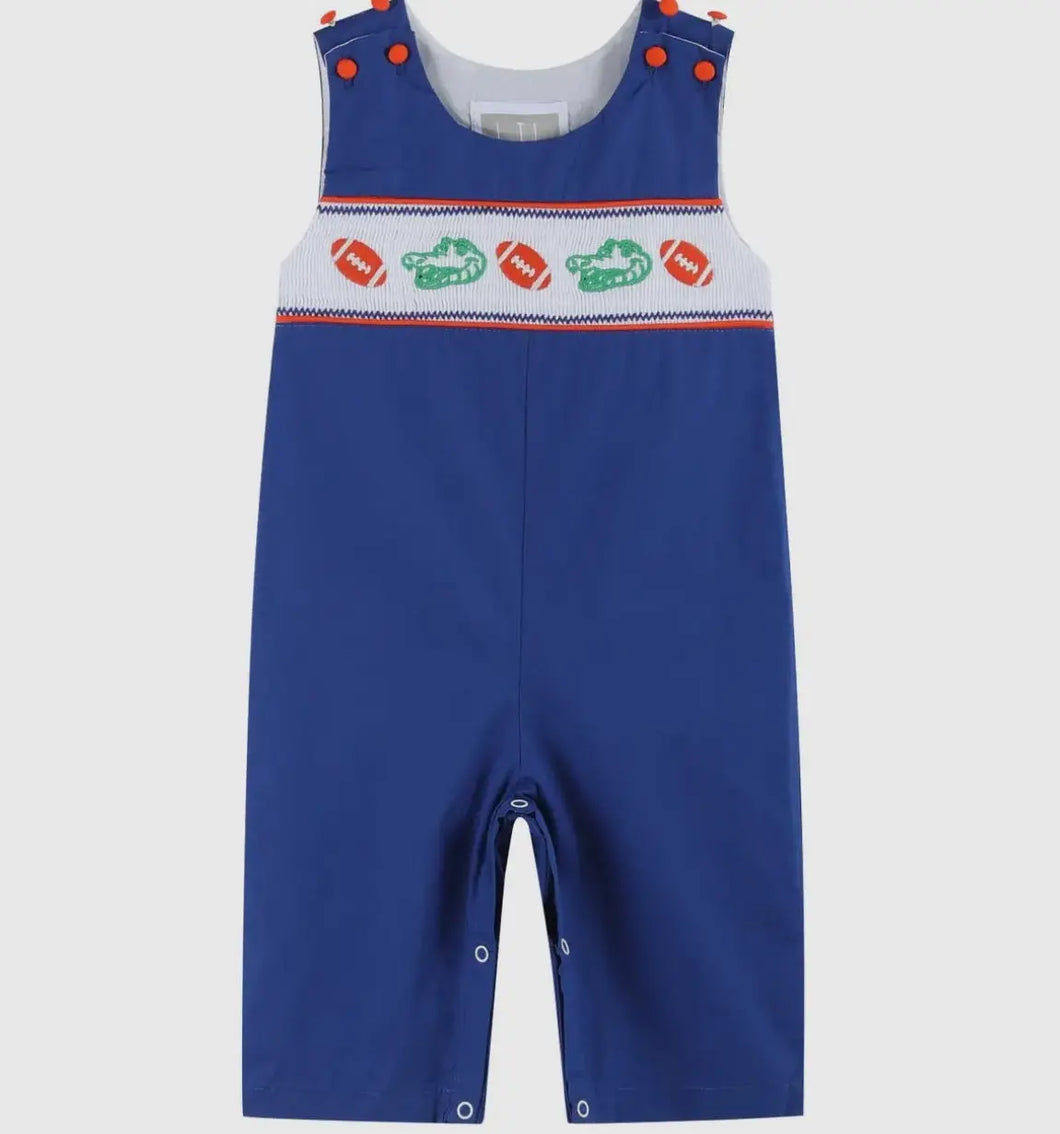 Preorder ETA 7/15-8/15-Blue and Orange Football Smocked Overalls - Image #1