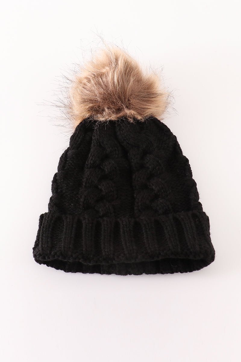 Black pompom cable beanie hat - Abbies Place