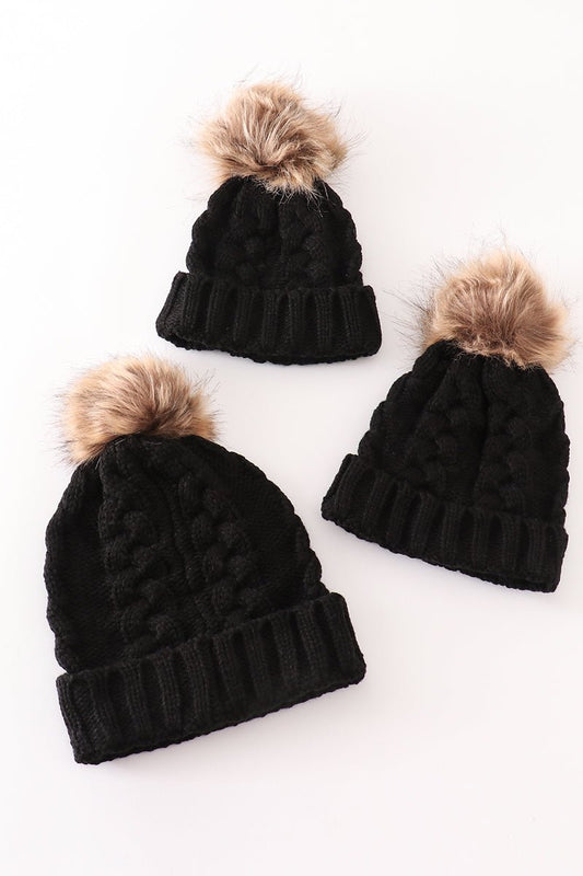 Black pompom cable beanie hat - Abbies Place